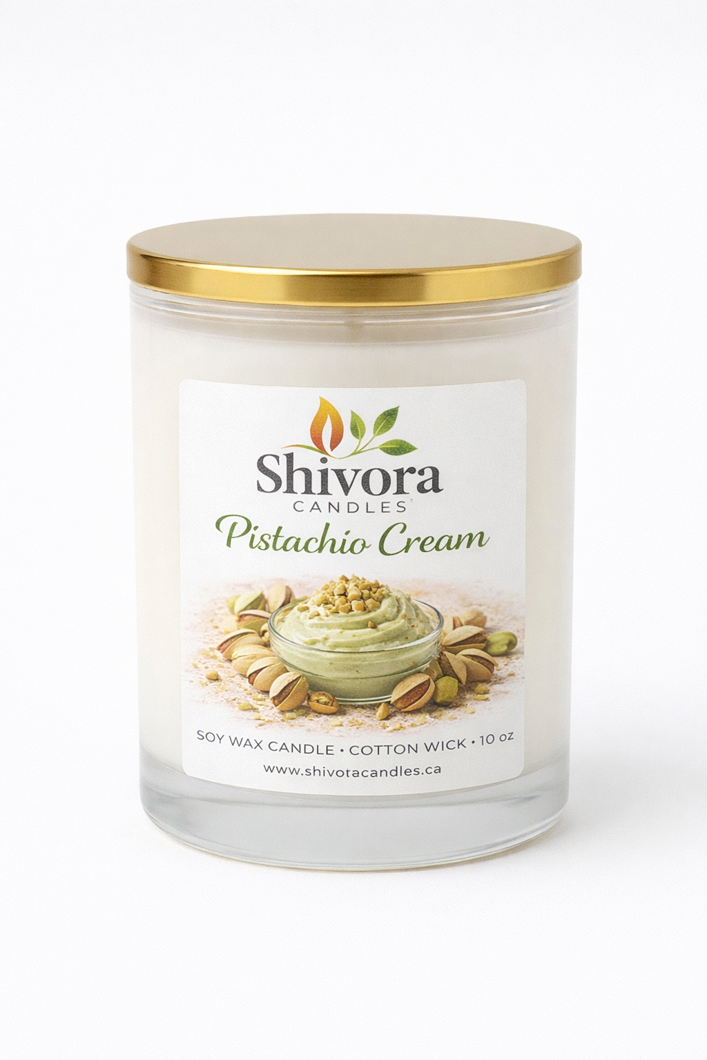 Pistachio Cream 10 oz soy candle with cotton wick, hand-poured in Canada by Shivora Candles.